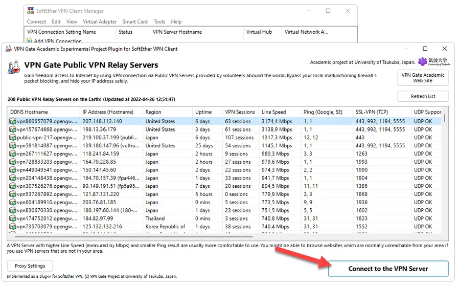 Выбор сервера из списка VPN Gate - Public Free VPN Cloud